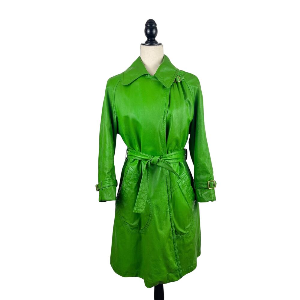 VTG Bonnie Cashin for Sills Green Leather Tie-Waist Trench Coat